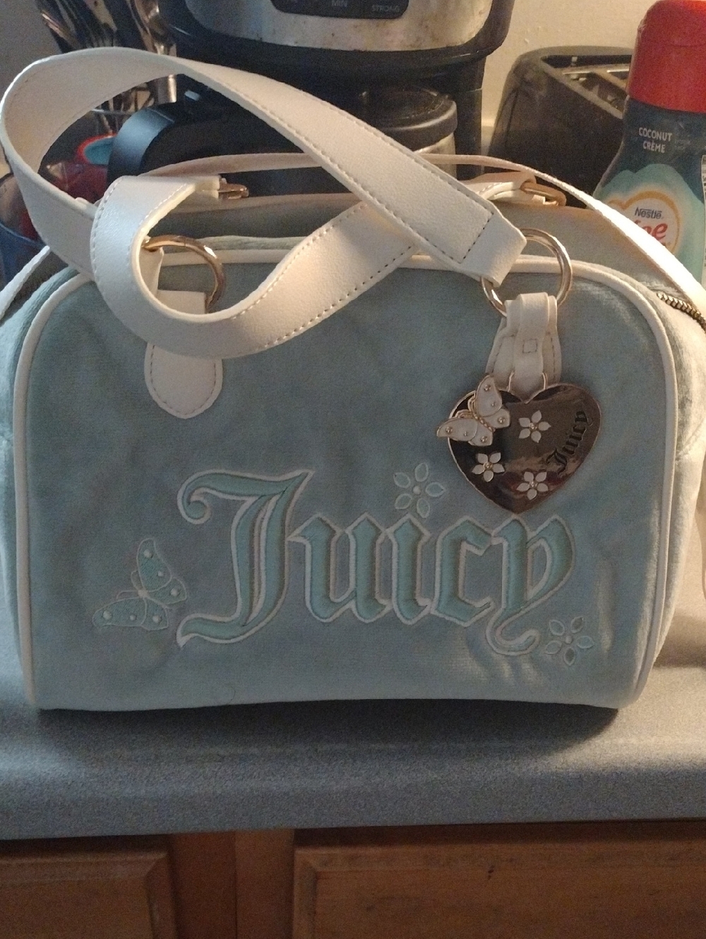 Juicy Couture Light Blue Velvet Satchel with White Trim and Gold Accents